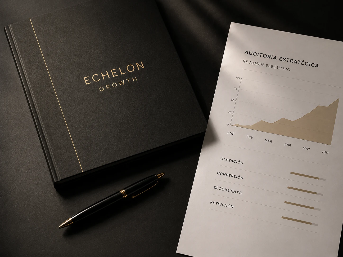 Libreta ECHELON GROWTH, bolígrafo y documento de auditoría estratégica sobre fondo oscuro
