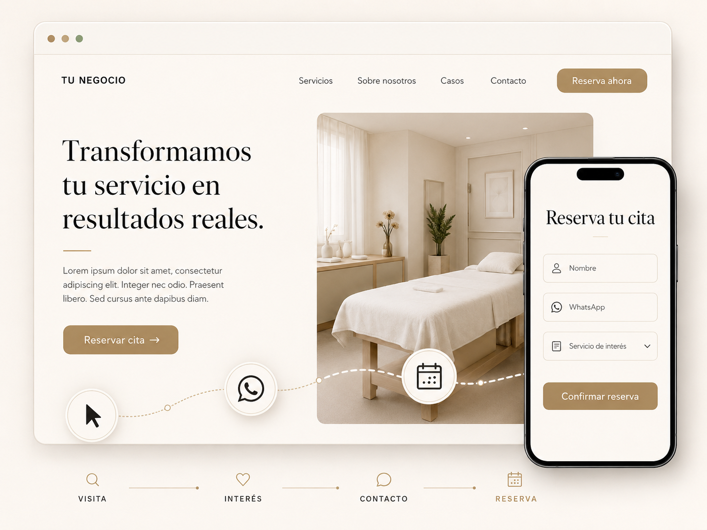 Ejemplo de recorrido Web y CRO: navegador y móvil mostrando un formulario de reserva orientado a convertir visitas en citas